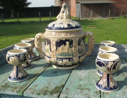 Vintage Ceramic 1950s German Stein Stone Decanter 6 Roemers Punch Bowl Bacchus
