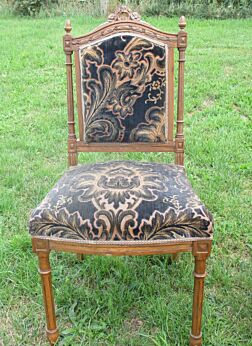 Antique Chair Louis XVI style Carved Wood Brown Authentic Fabric Decorative