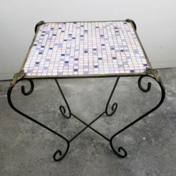 Vintage Small Side Table Plant stand Mosaic tiles Checkered pattern Wrought Iron