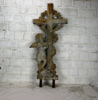 Antique Architectural Victorian Cast Iron French Crucifix Angel Authentic