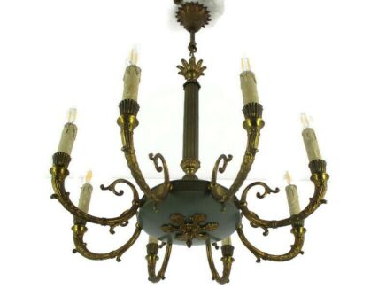 8 Arm Lights Pan Chandelier Revival French Empire Style Brass Toleware Antique