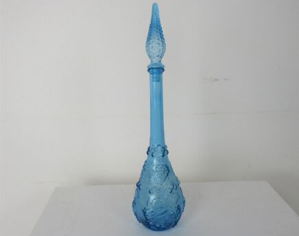 Vintage Mid Century Modern Italian Empoli Art Glass Genie Bottle Azzuro Blue Bubbled Glass Grapes
