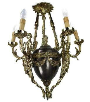 Gorgeous French Empire Chandelier 6 Arms Lights Green Tole Brass Mermaids Sirens