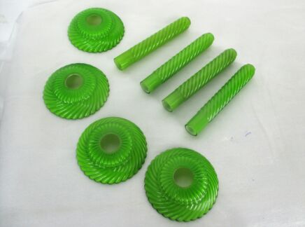 set of 8 Antique Custard Green Cased Swirled Glass Bobeche Candle Sleeves