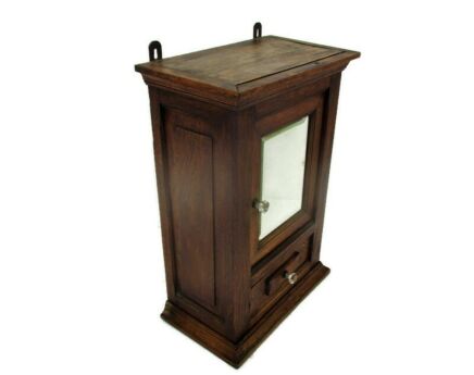 Mid Century Oak Kitchen Apothecary Wall Cabinet Beveled glass mirror