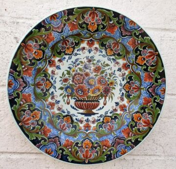 Large Polychrome Delft Wall hanging Plate Charger Flower Basket