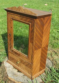 Antique French Wooden Medicine Apothesary Cabinet Glass Beveled mirror Mosaic inlay Gorgeous