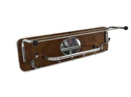 Vintage Wall Coat Rack Shelf Mid Century Modern Railroad Industrial Wood Chrome