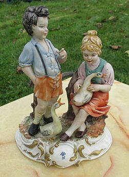Lovely Vintage CAPODIMONTE Porcelain Figurine Boy Girl Goose Geese