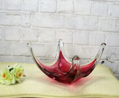 Italian Cranberry Bowl Dish Square Centerpiece Murano era Seguso Art Glass