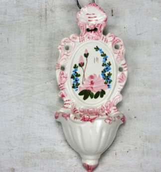 Vintage Holy Water Font Vessel Porcelain Pink Flowers Italy Church Catholic