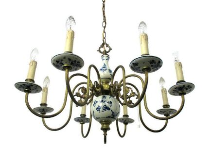 Delft Blue White Porcelain Ornate Brass Chandelier Dutch 8 Arm Lights Barn style