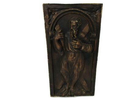 Antique Large Wall Plaque Tile Plaster Saint Carrying Crucifix Beautiful 29.92"