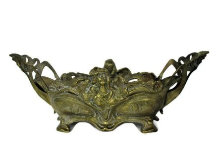 L Art Nouveau French Planter Jardinière Ornate Embossed Centerpiece Brass Mermaids Mythology