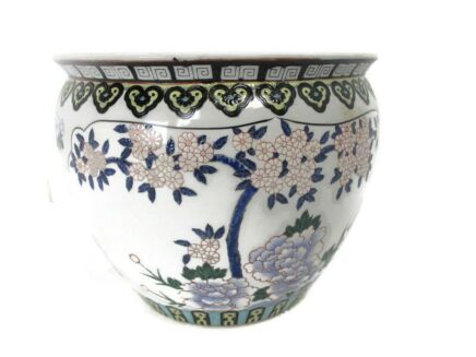 Vintage Chinese Porcelain Enamel  Koi Fish Bowl Planter Vase Butterflies Birds Flowers Cachepot