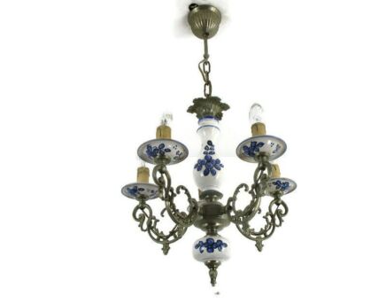 Chandelier 5 Arms Lights Ceramic Porcelain Ceramic Blue White Delft Style
