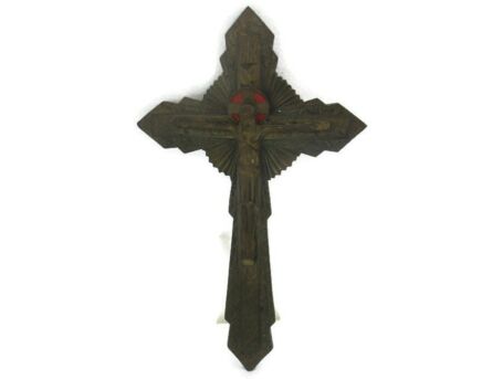 Lovely Vintage Ornate Brass Red Enamel Wall Hanging Crucifix French 11.41"