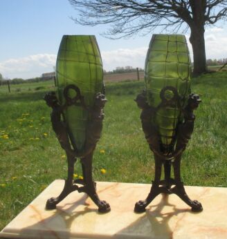 Couple Antique Loetz Vases Footed Nouveau Bronze Armature Mermaids Threaded