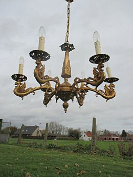 6 light Vintage Chandelier Griffins Dragons Gold Colored