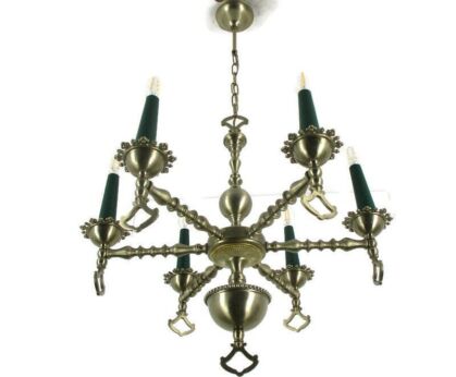 Chandelier Tin Look Messing Metal 6 Lights Edwardian Style Hobnails Rare Lovely