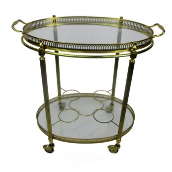 Oval Bar Cart cocktail Trolley Hollywood Regency Mid Century Modern Brass Clear glass Serving tray