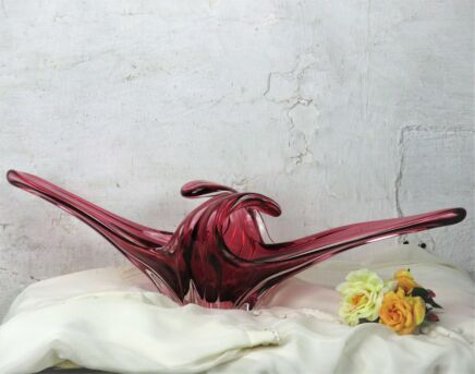 Large Italian Cranberry Strawberry Bowl Dish Centerpiece era Murano Art Glass