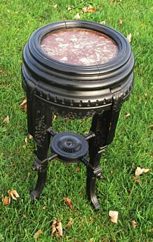 Large Carved Wood Marble Top Dark Wood Plant Stand Side Table Round Pedestal