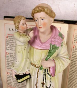 Antique St Anthony Padua Statue Finder Lost Articles Lilies Bisque Porcelain