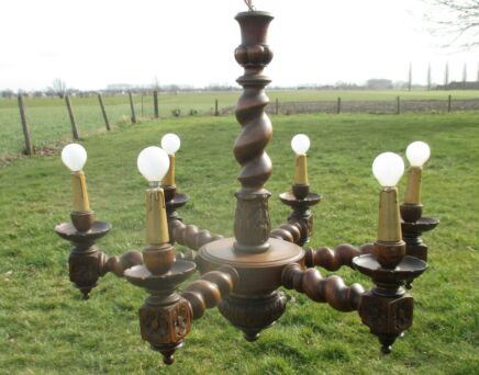 Antique Barley Twist 6 arm Chandelier Carved Twisted Wood Ceiling Lamp