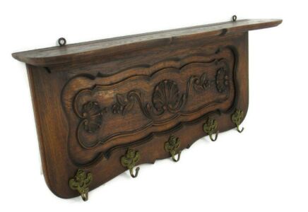 Vintage Carved Wood Coat Hat Rack Ornate Breughel Style Kitchen Hallway