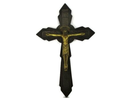 French vintage Hanging Brass Crucifix seigneur Ayez Pitié de nous 11.41"