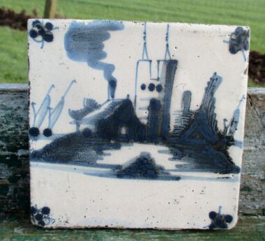 Antique 19th C. Delft  Tile Dutch Blue White Landscape House Church