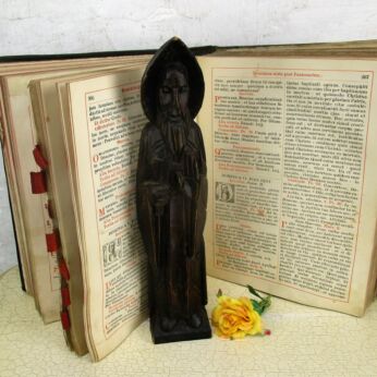Hand Carved Dark Wooden Statue Monk Priest Crucifix Orthodox Style