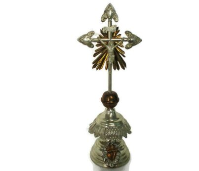 French Antique Standing Crucifix Jesus Christ Sacred Holy Heart Ormolu Ornate Cross two toned