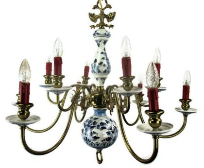 Double Delft Blue White Porcelain Brass Chandelier Dutch 12 Arms Light Romantic