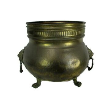 Large Vintage Brass Kettle Decorative Lion Head Handles, Lion Feet Planter
