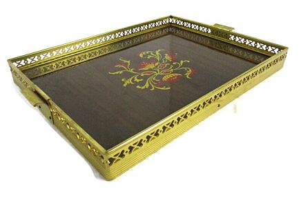 Italian Italy Wood Veneer Serving Tray Wood Faux Brass Handles Inlay look