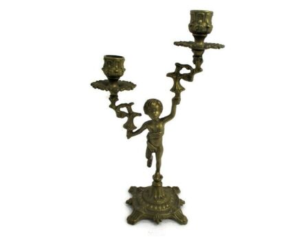 Vintage Embossed Brass Ornate Romantic Candle Holder Candelabra Putti Cherub Double two arm