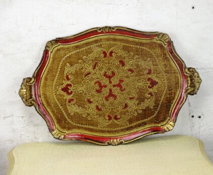 L Italian Mid Century Hollywood Regency Florentine Serving Tray Gold Red Wood