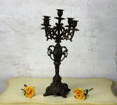 Large 20s Bauhaus Art Nouveau Ornate Brass 5 Arm Candle Holder Candelabra 17"