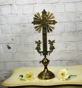 Antique Ornate Brass Standing crucifix Jesus Christ Angels Snake Gorgeous