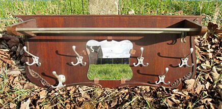Vintage Brown Carved wood Mid Century Chrome Mirror Coat Hat Rack 1950's