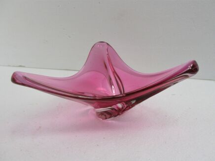 Art Glass Centerpiece Bowl Fruit Dish Cranberry Clear Val St Lambert Marked