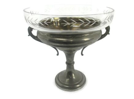 Vintage Faux Brass Communion dish Bowl Ciborium Tray Etched Glass Catholic Church