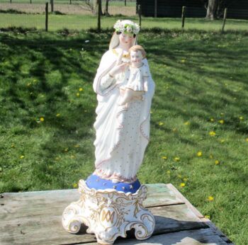 Gorgeous Antique 1900 Bisque Porcelain Statue Virgin Mary Garland Exquisite