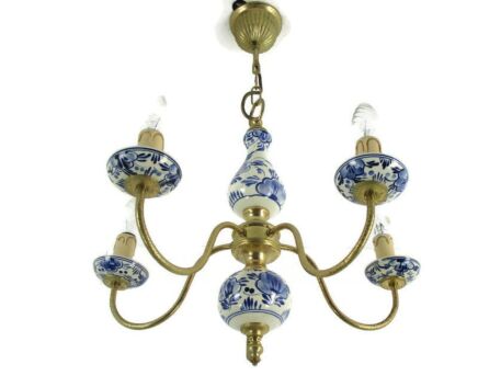 Dutch Delft Blue White Porcelain Ornate Brass 5 Lights Arm Barn Style Chandelier