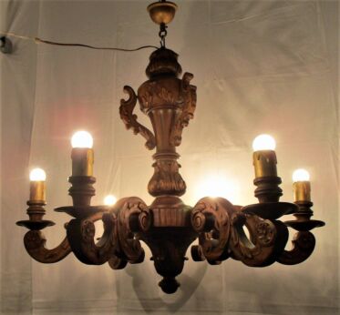Antique Hand Carved wood Chandelier 6 arms Ceiling Light X Large Wooden Flower