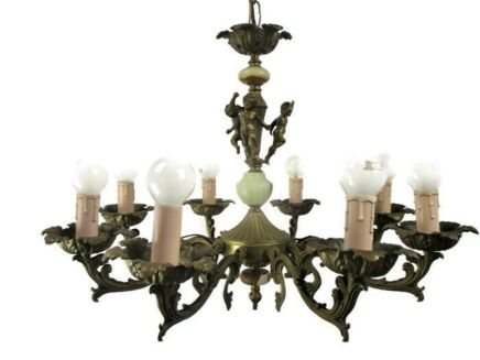 French Hollywood Regency Chandelier Light Ornate 8 arm Putti Angels Brass Marble