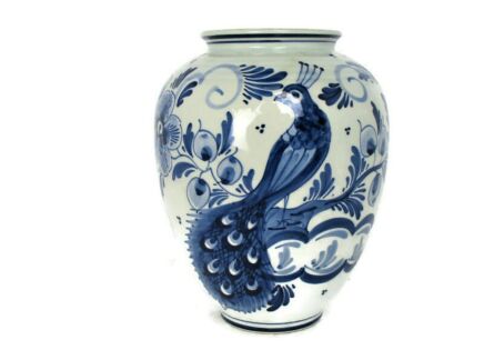 Small Vase Delft Holland Blue White Porcelain Marked Peacock Gorgeous Hand Painted Vintage