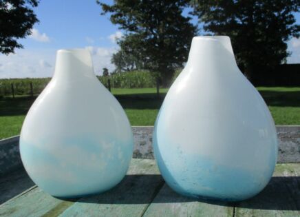 Couple Pair of Vases Blue White Opaline Cased Glass hand Blown Air Bubbles